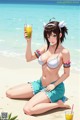 A woman in a bikini sitting on the beach holding a drink.