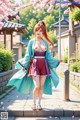 A woman in traditional attire stands on a street with cherry blossoms and traditional buildings in the background.